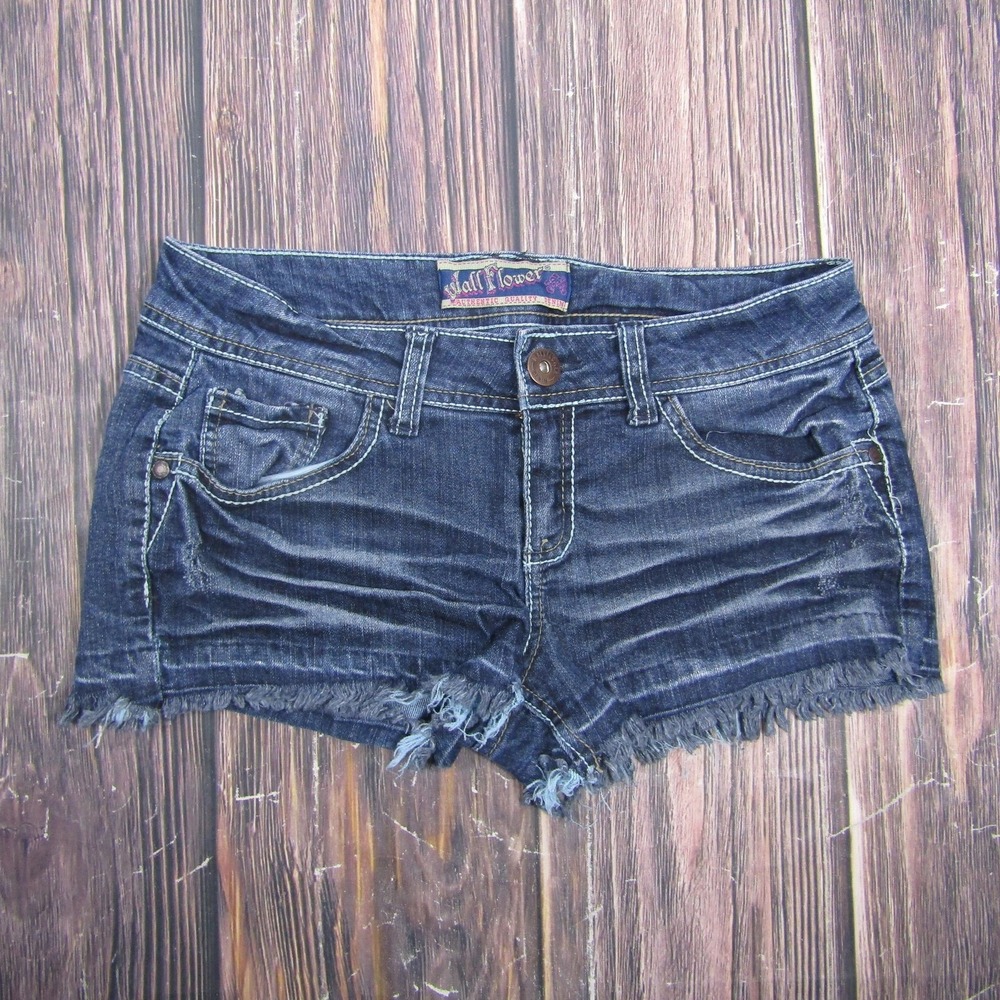 Wallflower Shorts Juniors 7‎ Blue Denim Cut-Off Fringe Embroidered Low Rise